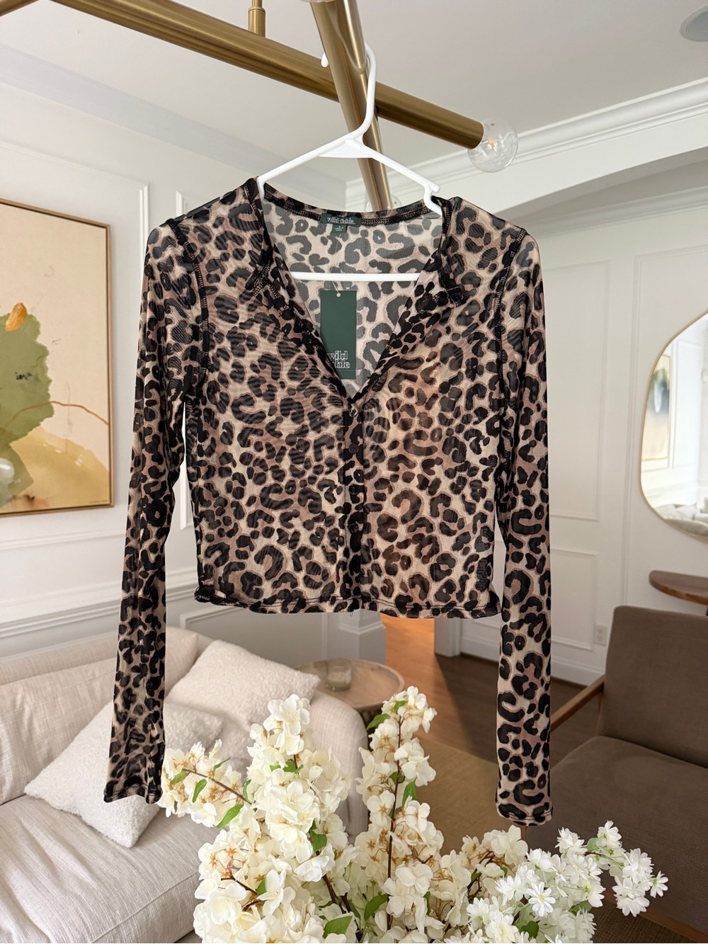 NWT wild fable Leopard-Print Sheer Button-Front Cropped Top